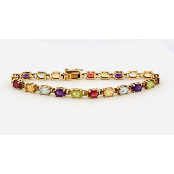 Estate Vintage Sterling Silver 925 Gold Tone Multi Gemstone Tennis Bracelet 7" - Picture 1 of 8